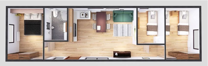 domek mobilny 4m x 14m perspektywa z meblami, Salon z Kuchnią, Łazienka , 2 Sypialnie