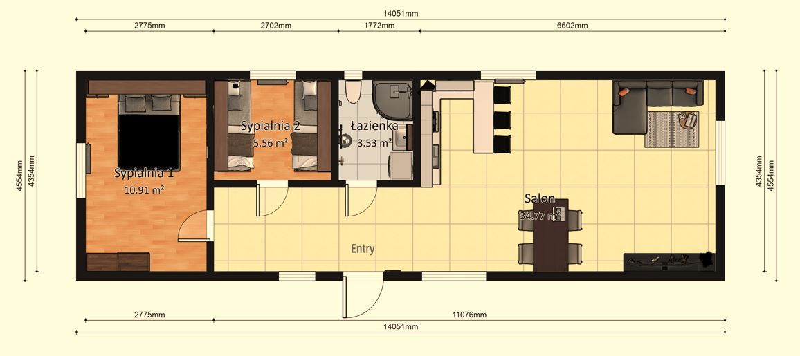 Domek Mobilny Pegasus + 4.5 m x 14m - Wariant A - Plan z wymiarami