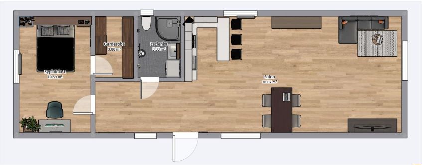 Domek Mobilny TYTAN 4.5 m x 15.5m - Wariant B - Plan z meblami